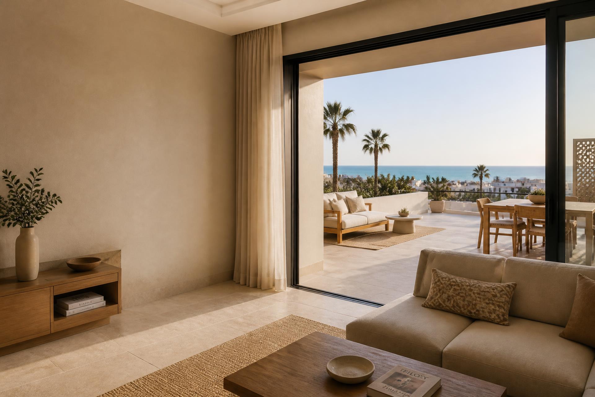 Séjour contemporain d'un appartement à Agadir ouvert sur une terrasse, palmiers et océan au loin