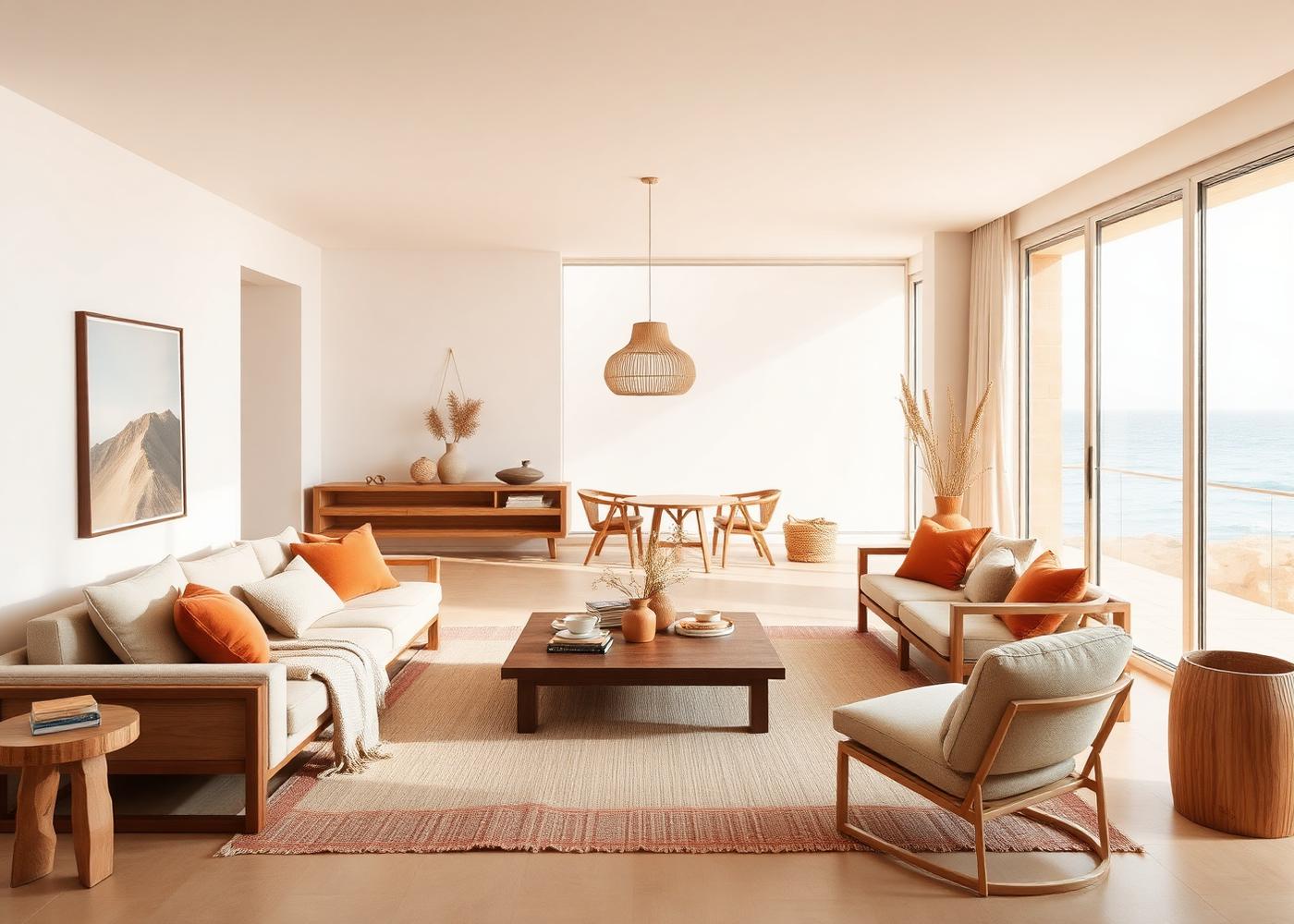 Séjour lumineux d'un appartement à Agadir avec vue mer