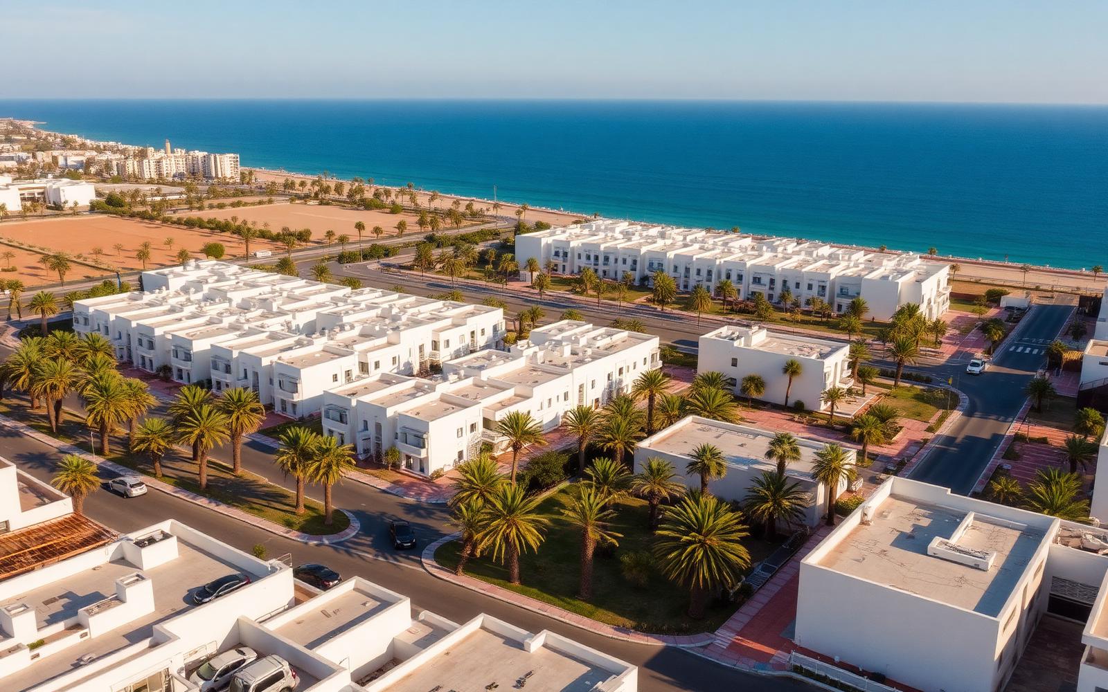 Vue aérienne d'un quartier résidentiel d'Agadir en bord d'océan
